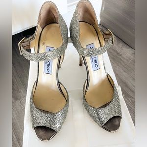 Jimmy Choo champagne silver glitter lace Mary Janes